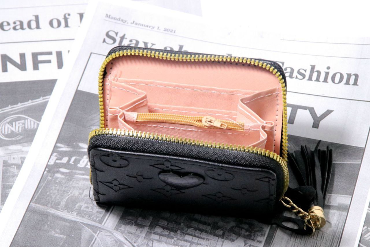 Heart Charm Mini Leather Wallet with Tassel Keychain