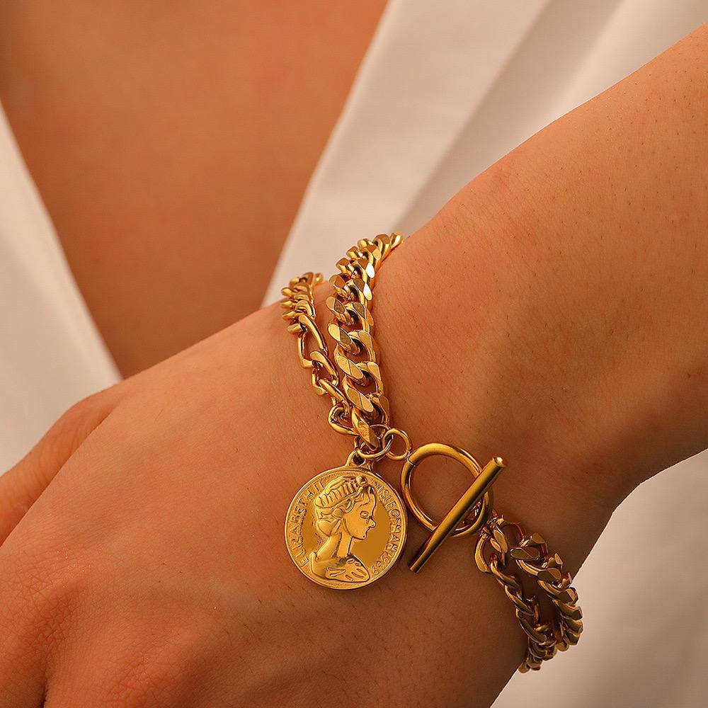 Product Name
2-Layer Grommet Bracelet with Coin Pendant – Pure 316 Stainless Steel