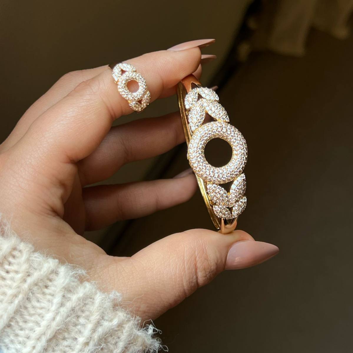 Product Title:
Gold Plated Bracelet and Ring Set with Zircon Stones – Free Size Ring