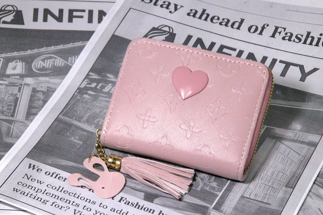 Heart Charm Mini Leather Wallet with Tassel Keychain