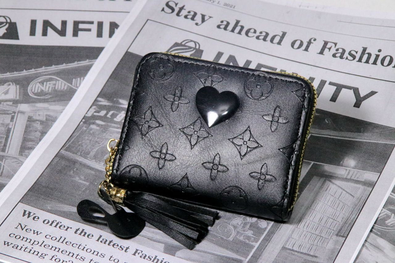 Heart Charm Mini Leather Wallet with Tassel Keychain