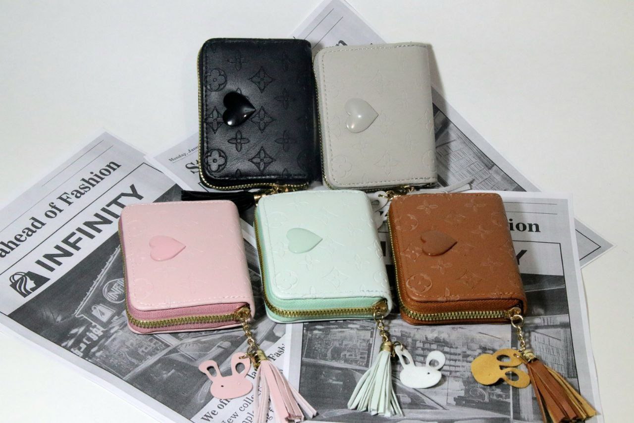 Heart Charm Mini Leather Wallet with Tassel Keychain