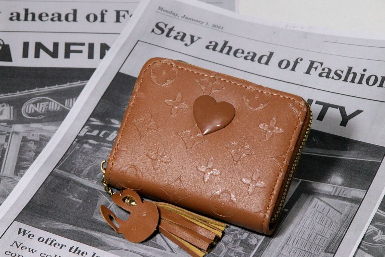 Heart Charm Mini Leather Wallet with Tassel Keychain